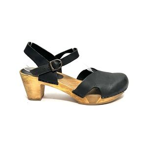 Vintage 1990s black nubuck leather wooden Danish clog heels